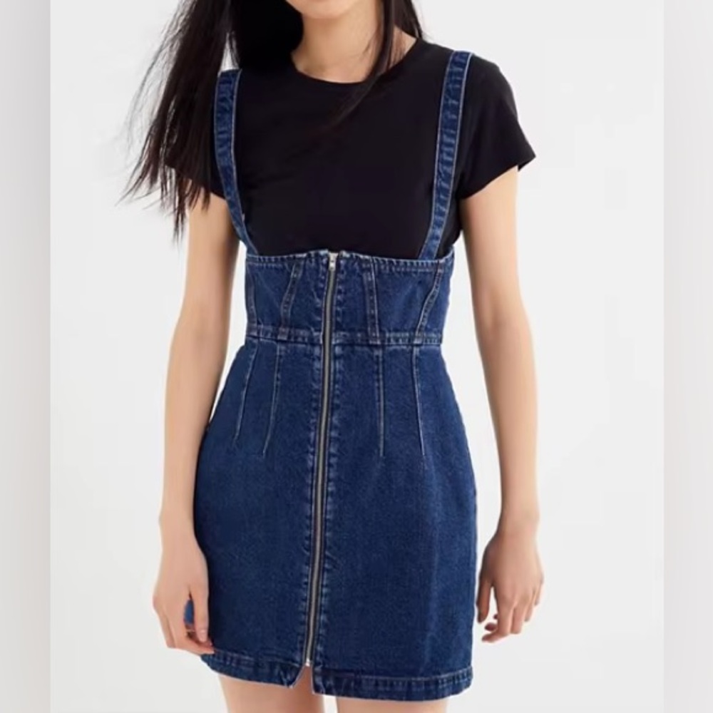 Y2K BDG Urban Outfitters Denim Zip Front Mini Dress Blue Jean Pinafore Size S